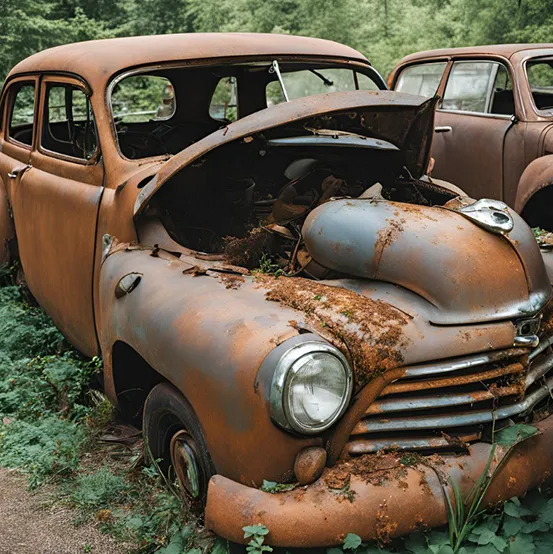 A heavily rusted, abandoned car with the hood open in a forest